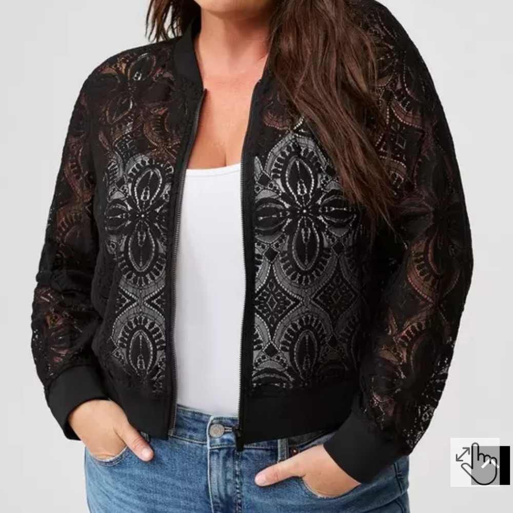 Torrid Black Bomber Jacket with Elegant Lace Design